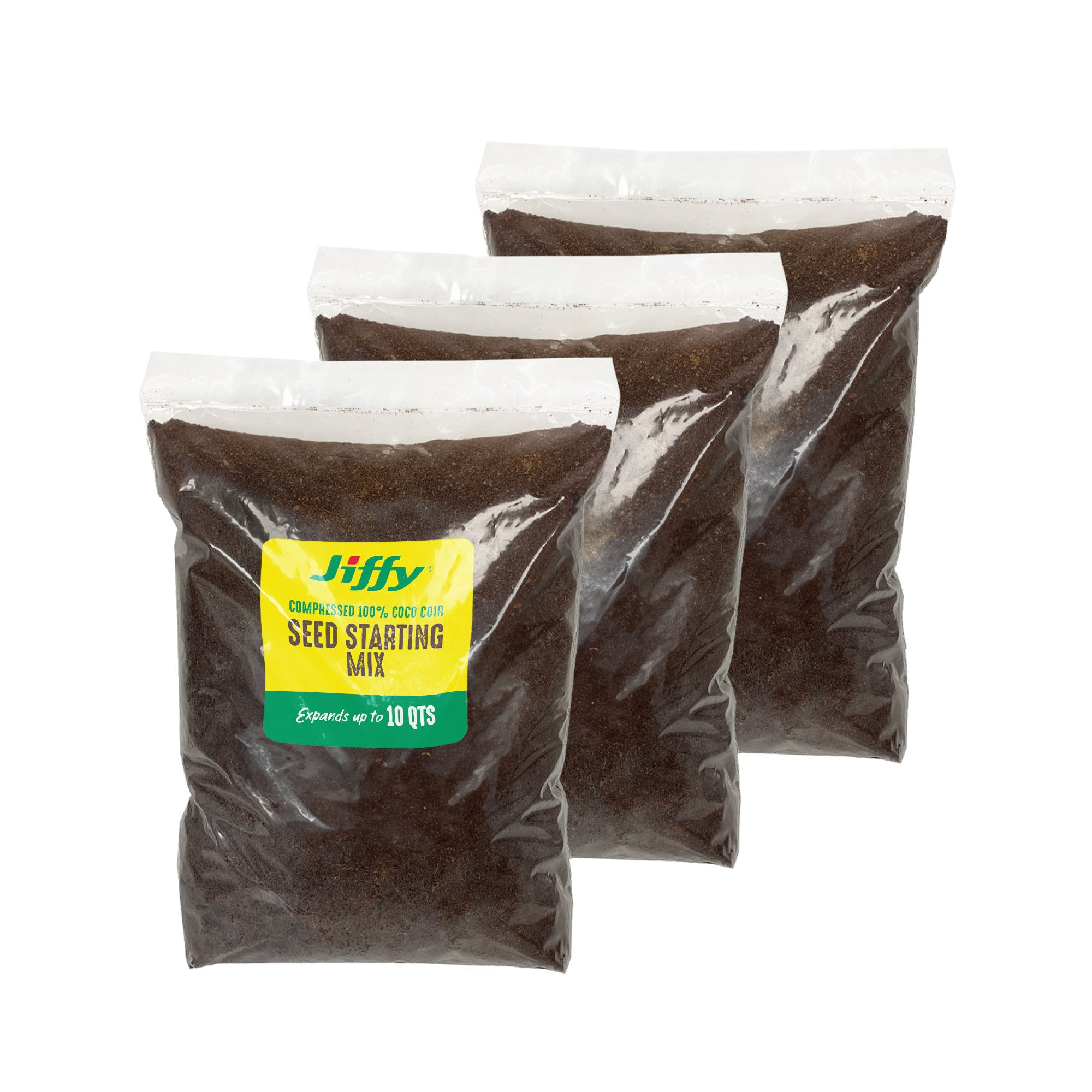 A packaged bag of Jiffy seed starting mix made from 100% coco coir soil, which is advertised as expanding up to 10 quarts.